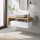 Lorenzo White Gloss & Cadiz Oak 1 Drawer 1100mm Wall Hung Vanity Unit with Basin - FurniComp