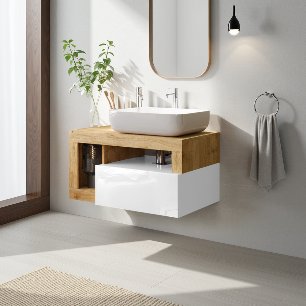 Lorenzo White Gloss & Cadiz Oak 1 Drawer 790mm Wall Hung Vanity Unit with Basin - FurniComp