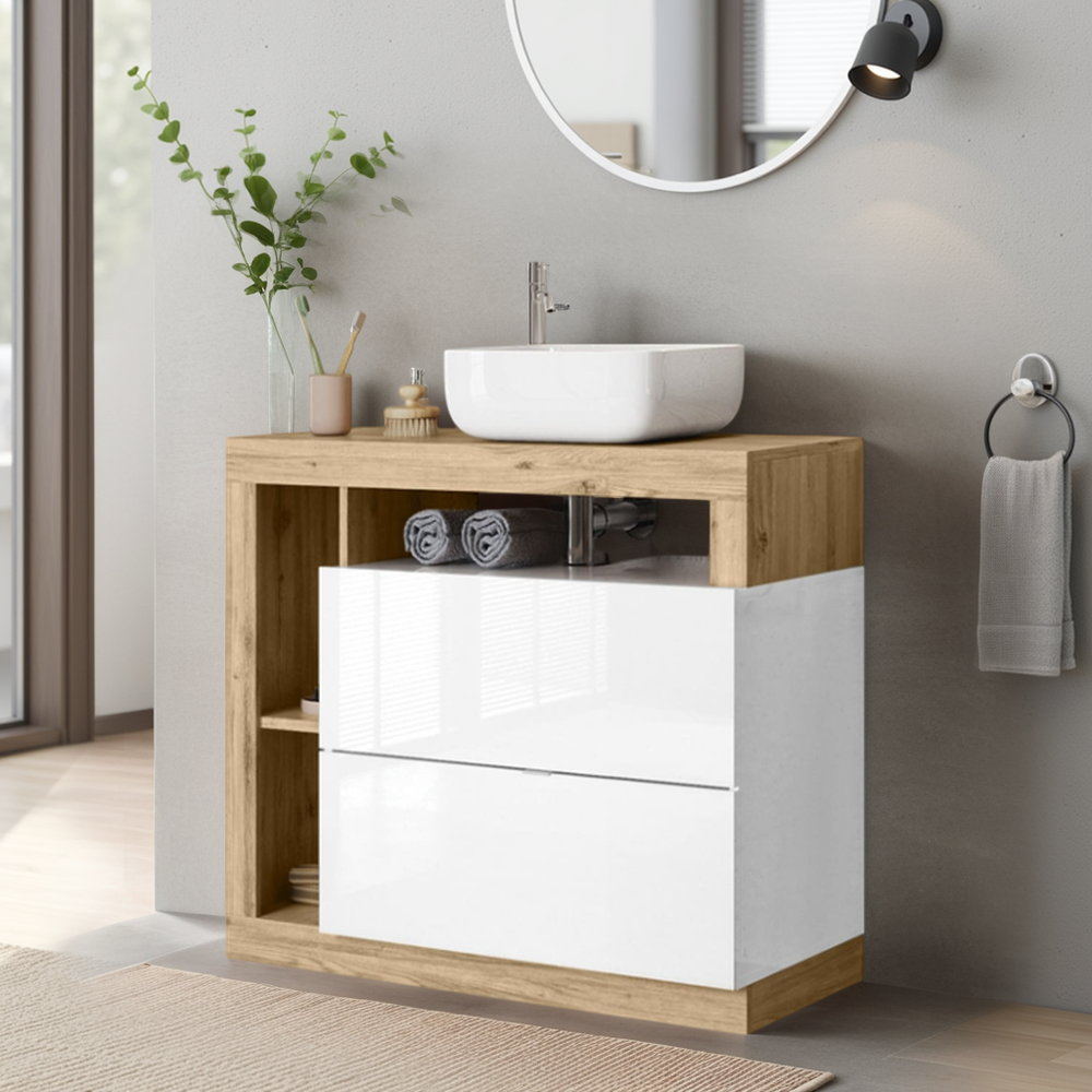 Lorenzo White Gloss & Cadiz Oak 2 Drawer 920mm Free Standing Vanity Unit with Basin - FurniComp