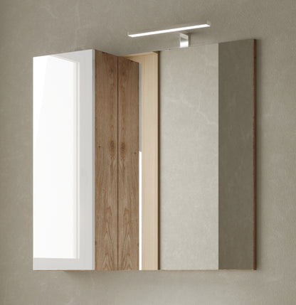 Lorenzo 78cm White Gloss and Cadiz Oak Mirrored Bathroom Cabinet With LED Light - FurniComp