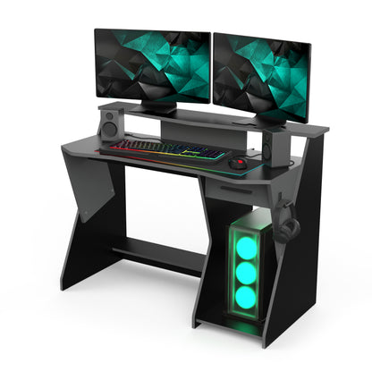 Louis Grey and Black Gaming Desk with Hutch and Drawer - FurniComp