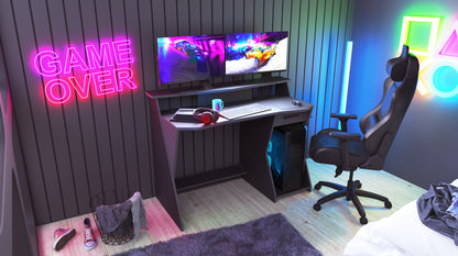 Louis Grey and Black Gaming Desk with Hutch and Drawer - FurniComp