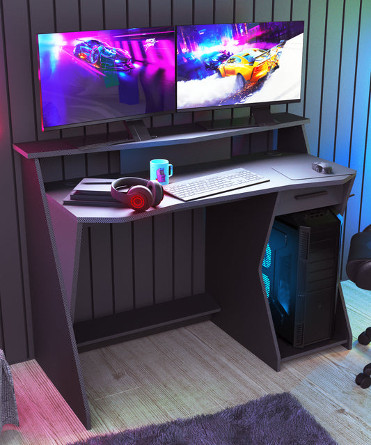 Louis Grey and Black Gaming Desk with Hutch and Drawer - FurniComp