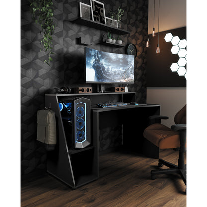 Luna 138cm Black Gaming Desk with Hutch - FurniComp