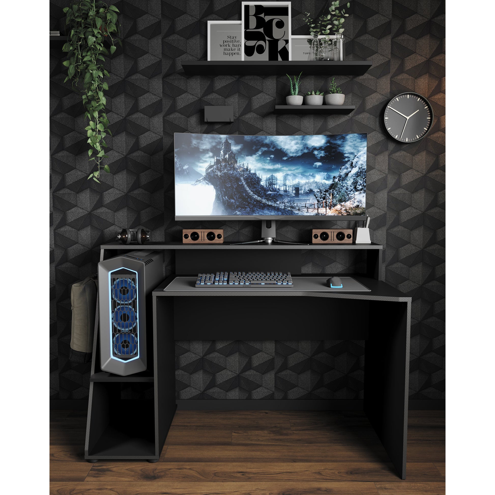 Luna 138cm Black Gaming Desk with Hutch - FurniComp