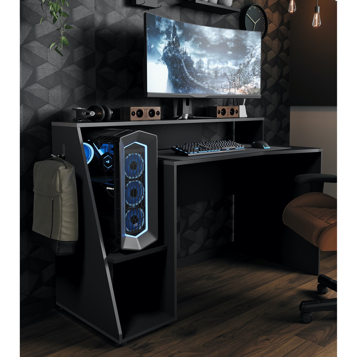 Luna 138cm Black Gaming Desk with Hutch - FurniComp