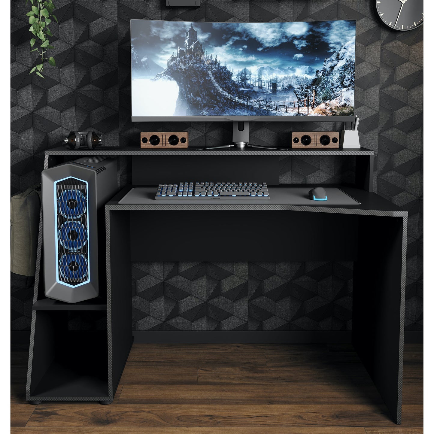 Luna 138cm Black Gaming Desk with Hutch - FurniComp