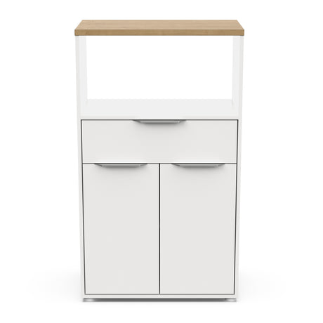Luna Tall Freestanding Kitchen Pantry Cupboard with Microwave Shelf - Matt White & Hamilton Oak - FurniComp