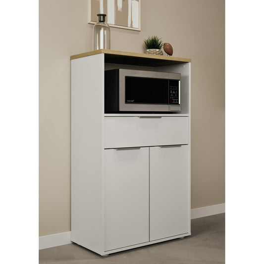 Luna Tall Freestanding Kitchen Pantry Cupboard with Microwave Shelf - Matt White & Hamilton Oak - FurniComp