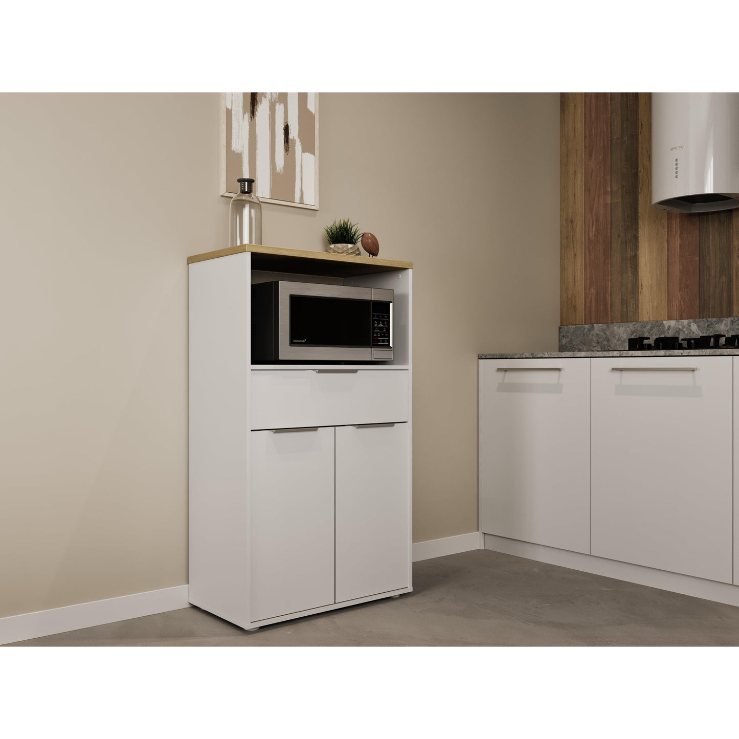 Luna Tall Freestanding Kitchen Pantry Cupboard with Microwave Shelf - Matt White & Hamilton Oak - FurniComp