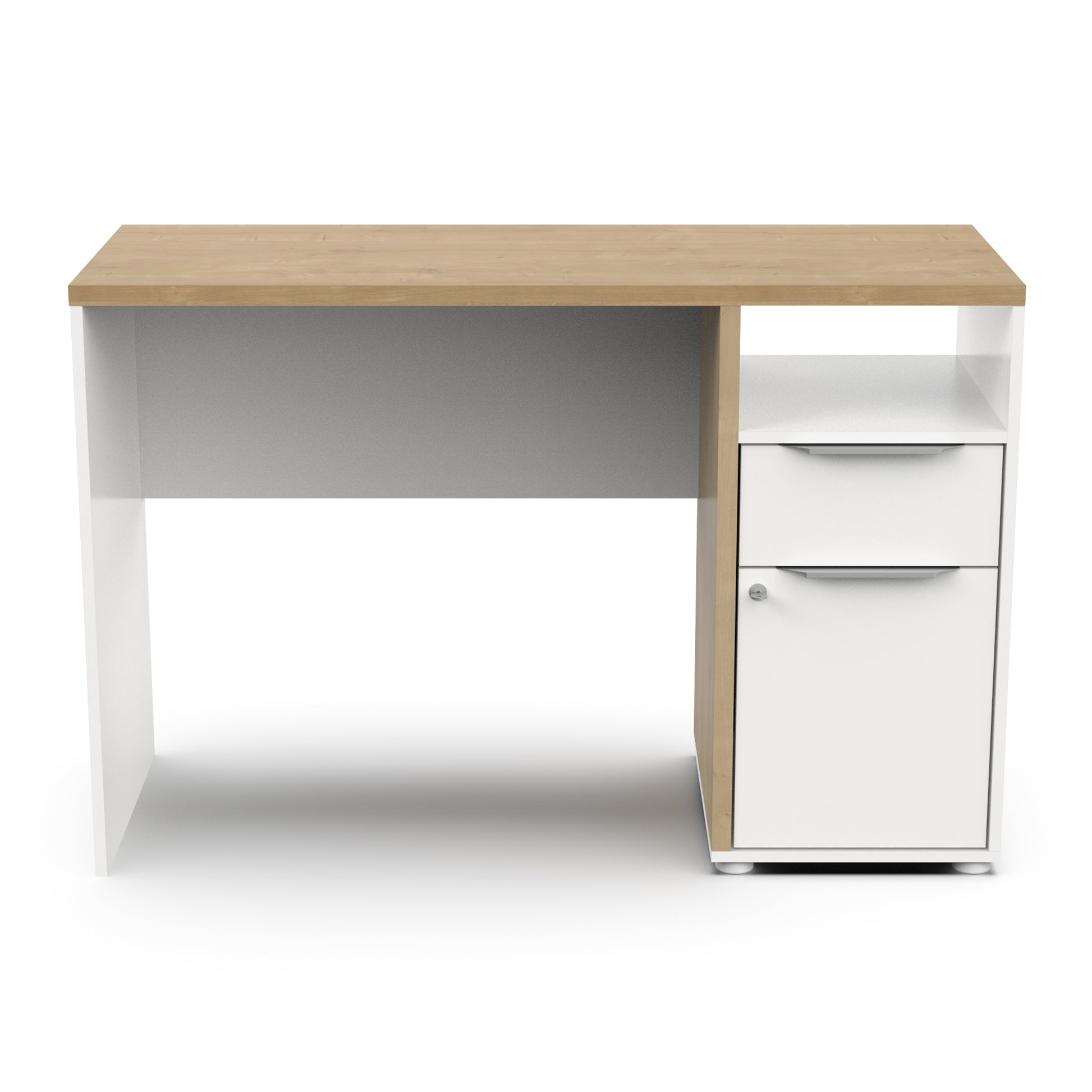 Luna White and Oak Office Study Desk with Storage Drawer and Cupboard - FurniComp