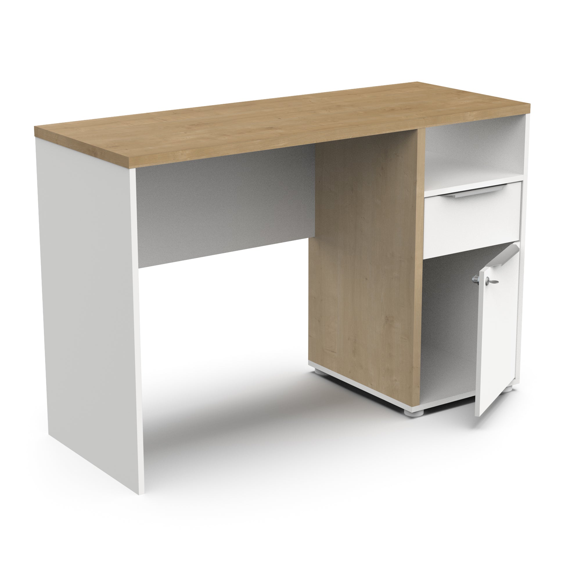 Luna White and Oak Office Study Desk with Storage Drawer and Cupboard - FurniComp