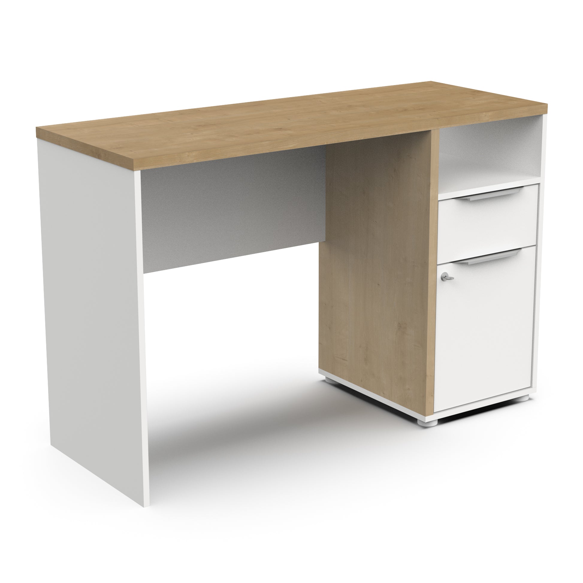 Luna White and Oak Office Study Desk with Storage Drawer and Cupboard - FurniComp