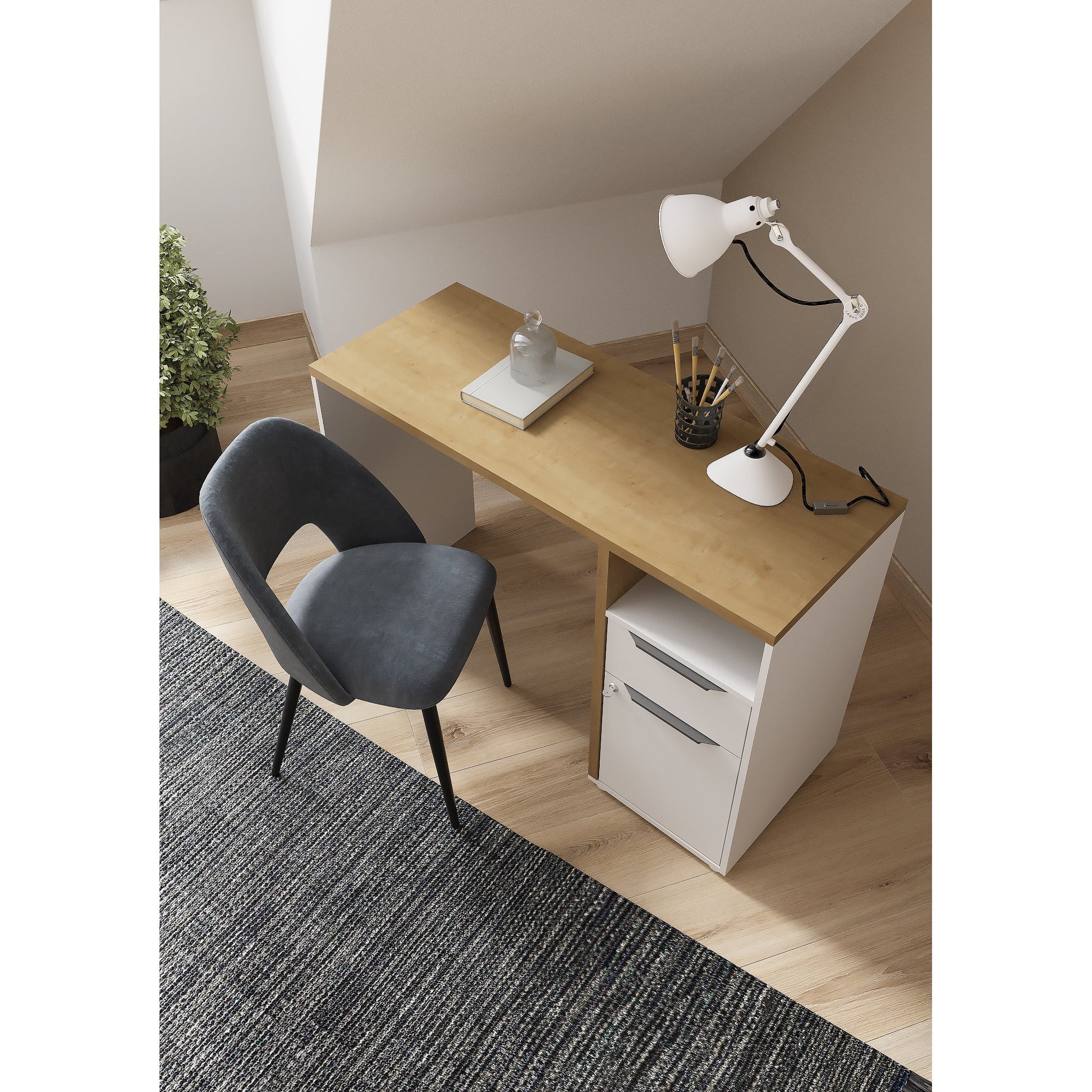 Luna White and Oak Office Study Desk with Storage Drawer and Cupboard - FurniComp