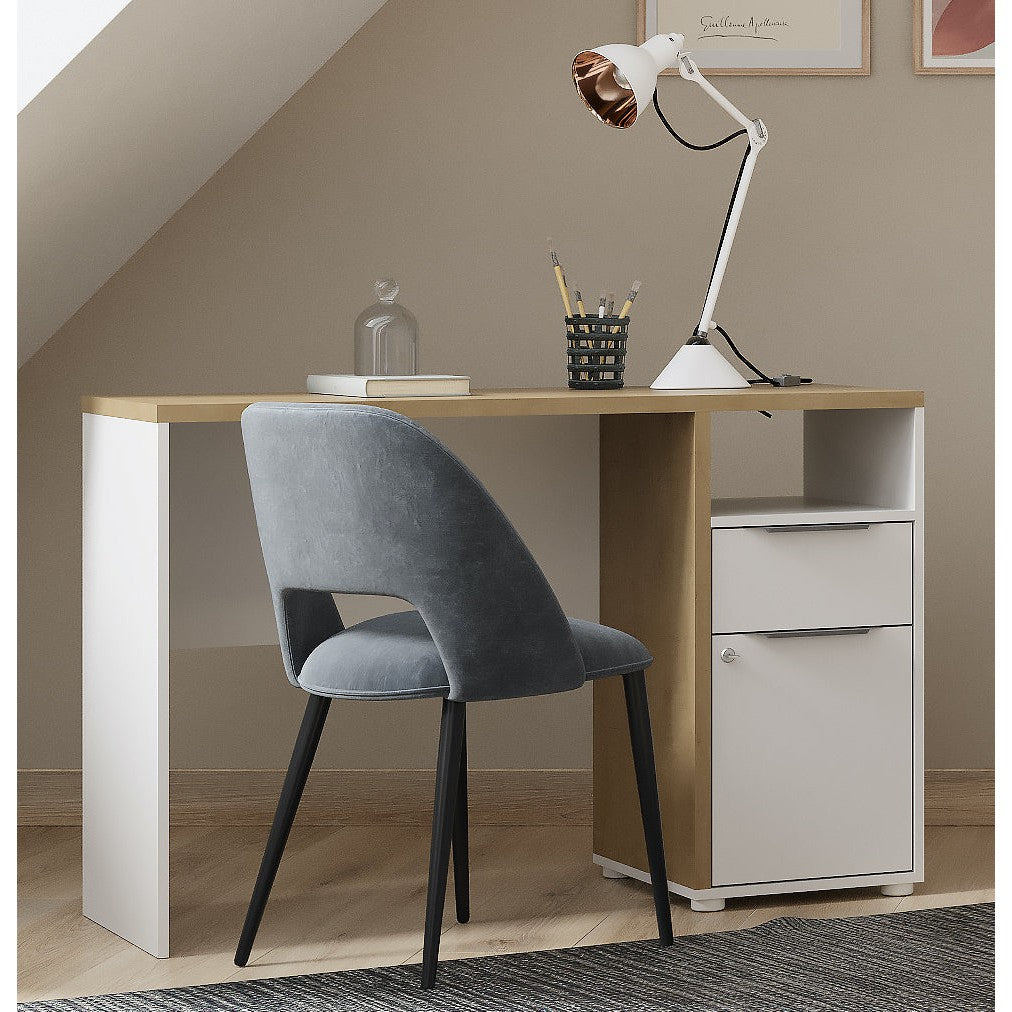 Luna White and Oak Office Study Desk with Storage Drawer and Cupboard - FurniComp