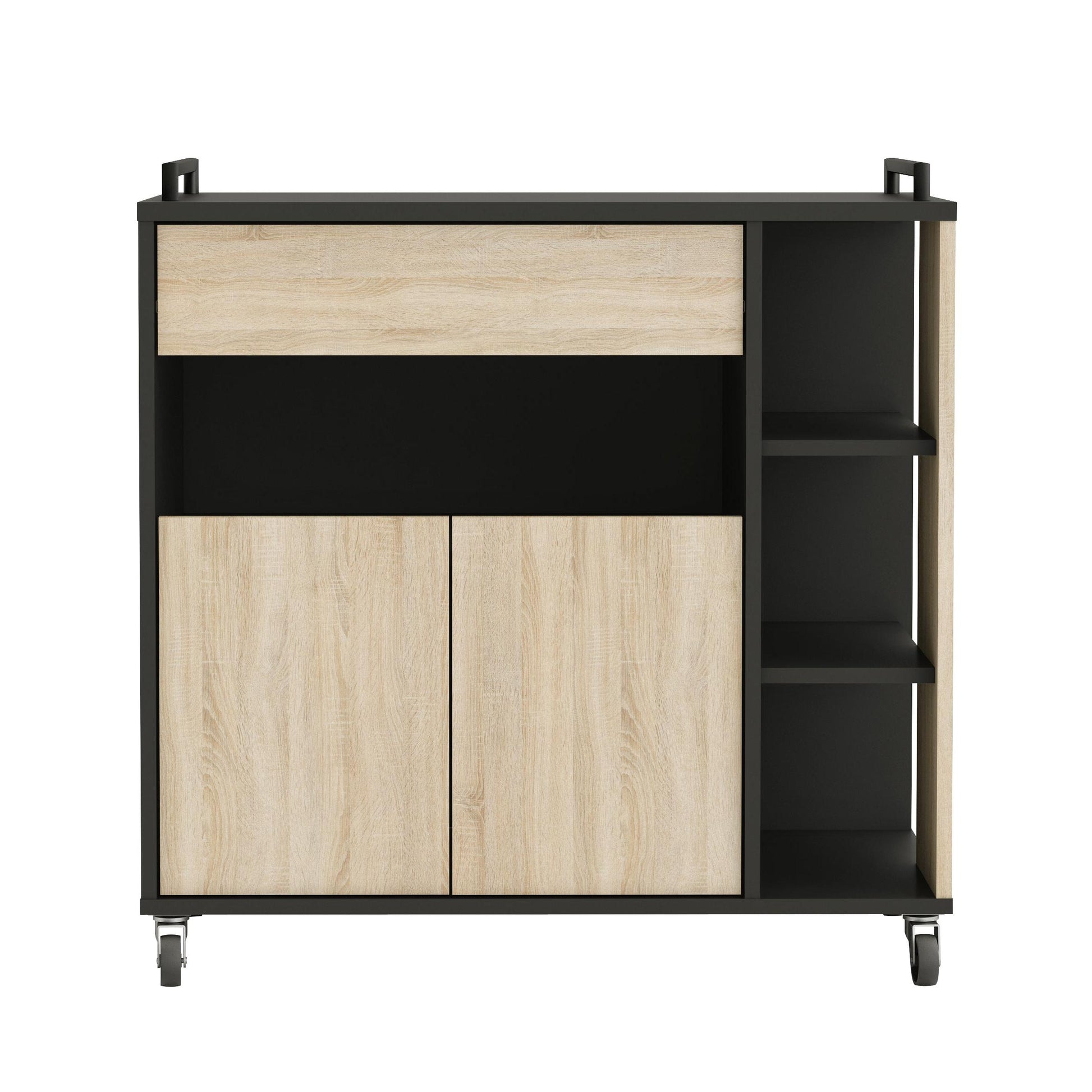 Marlin Kitchen Pantry Storage Trolley - Matt Black & Oak - FurniComp