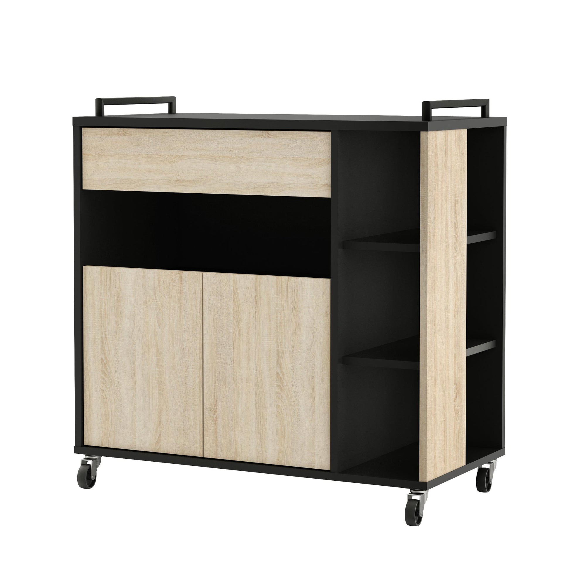 Marlin Kitchen Pantry Storage Trolley - Matt Black & Oak - FurniComp