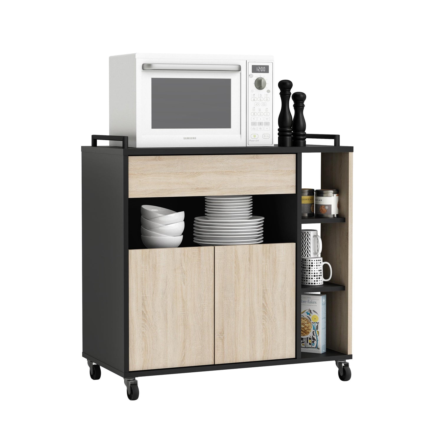 Marlin Kitchen Pantry Storage Trolley - Matt Black & Oak - FurniComp