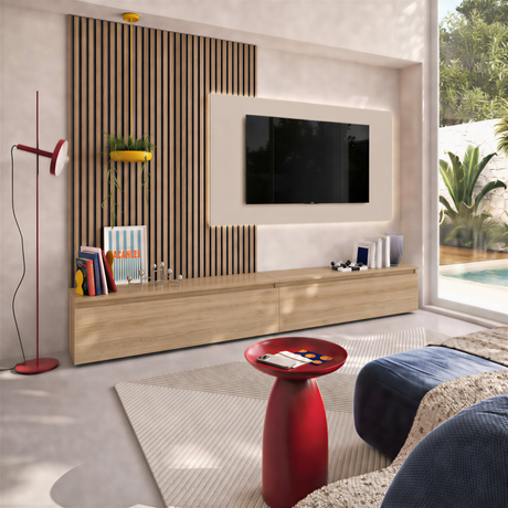 Combo Media Wall Entertainment Unit - Cadiz Oak, Mercure Oak & Cashmere - FurniComp