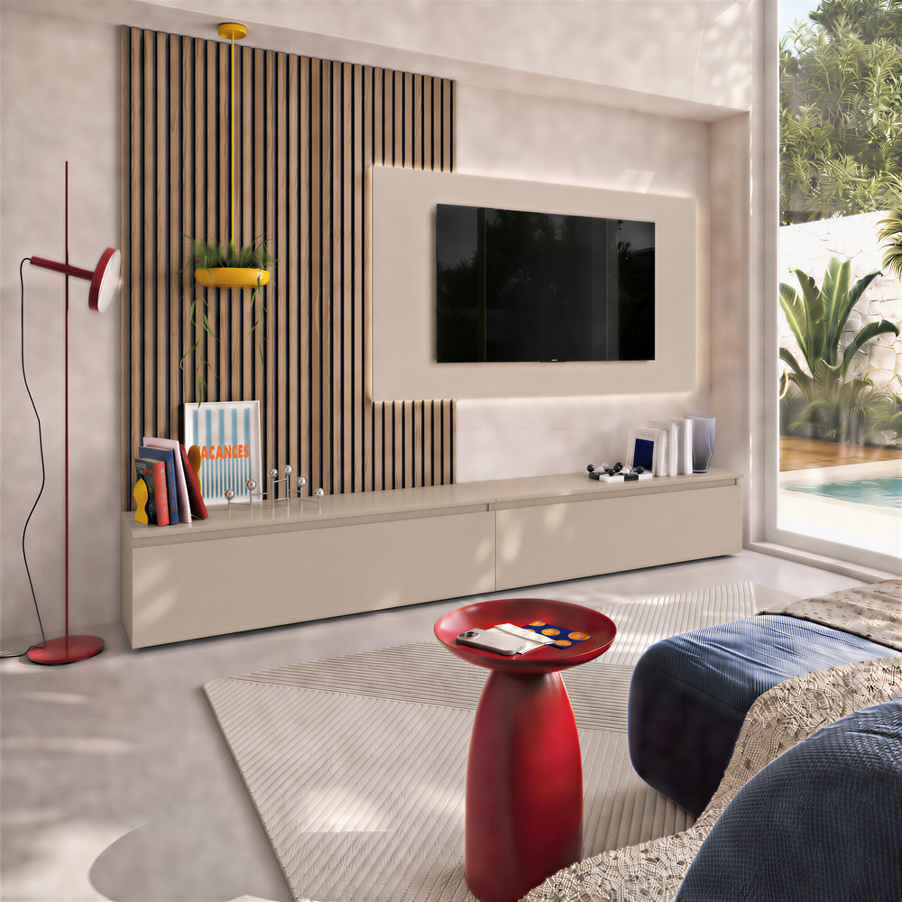 Combo Media Wall Entertainment Unit - Mercure Oak & Cashmere - FurniComp
