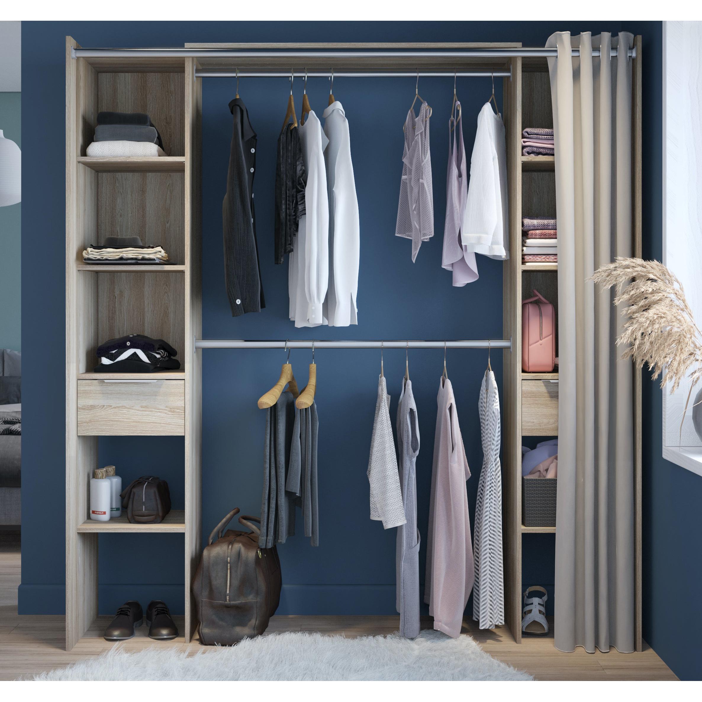 Millie 2 Drawer Open Wardrobe with Textile Curtain - Shannon Oak - FurniComp