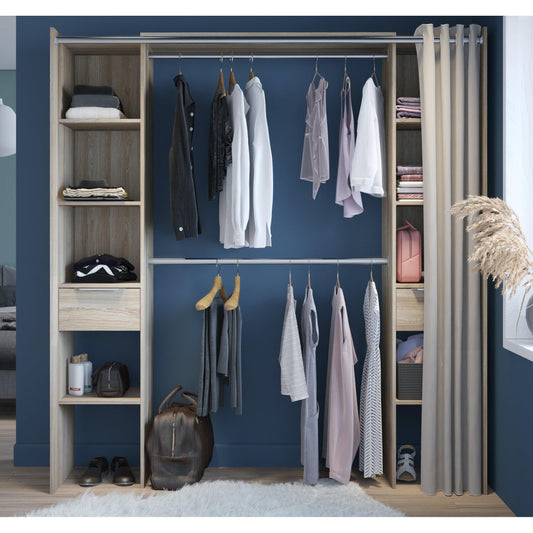 Millie 2 Drawer Open Wardrobe with Textile Curtain - Shannon Oak - FurniComp