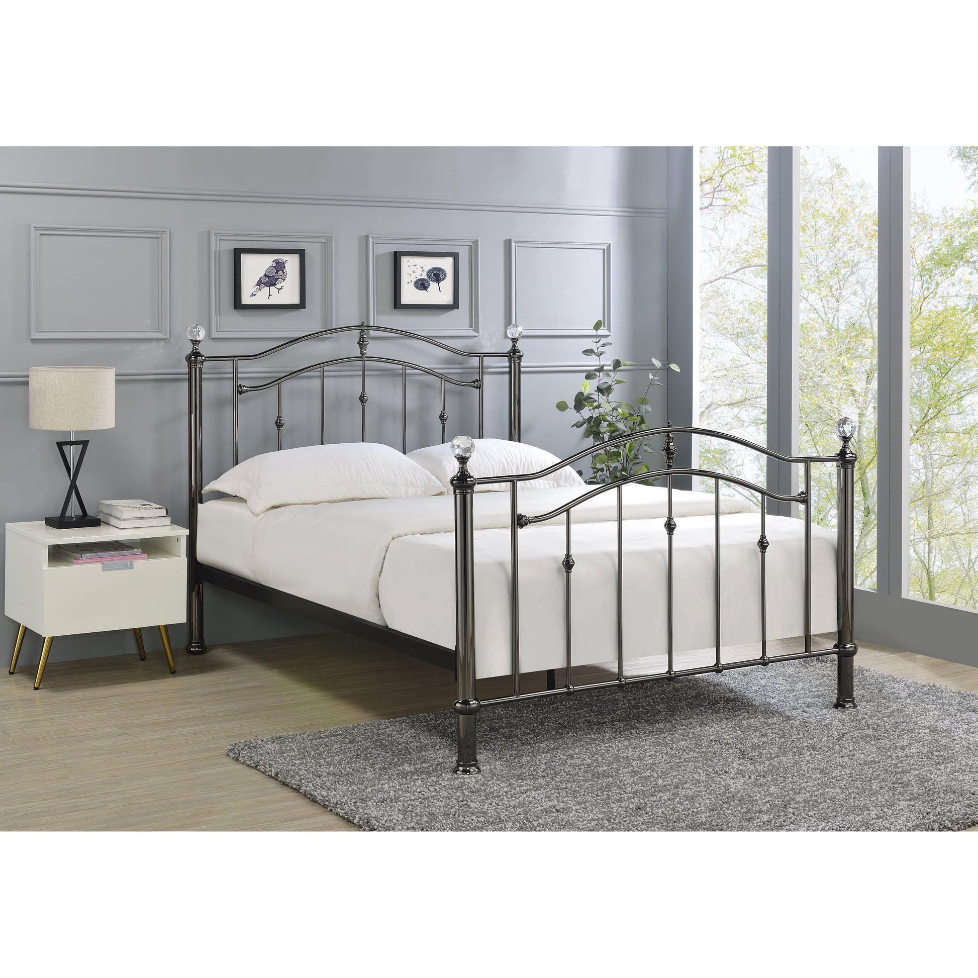 Mira Black Chrome with Crystal Finials Metal Bed Frame - FurniComp