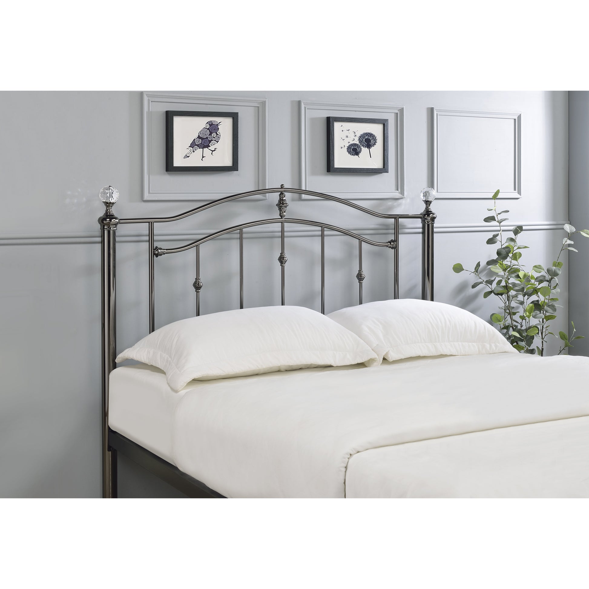 Mira Black Chrome with Crystal Finials Metal Bed Frame - FurniComp