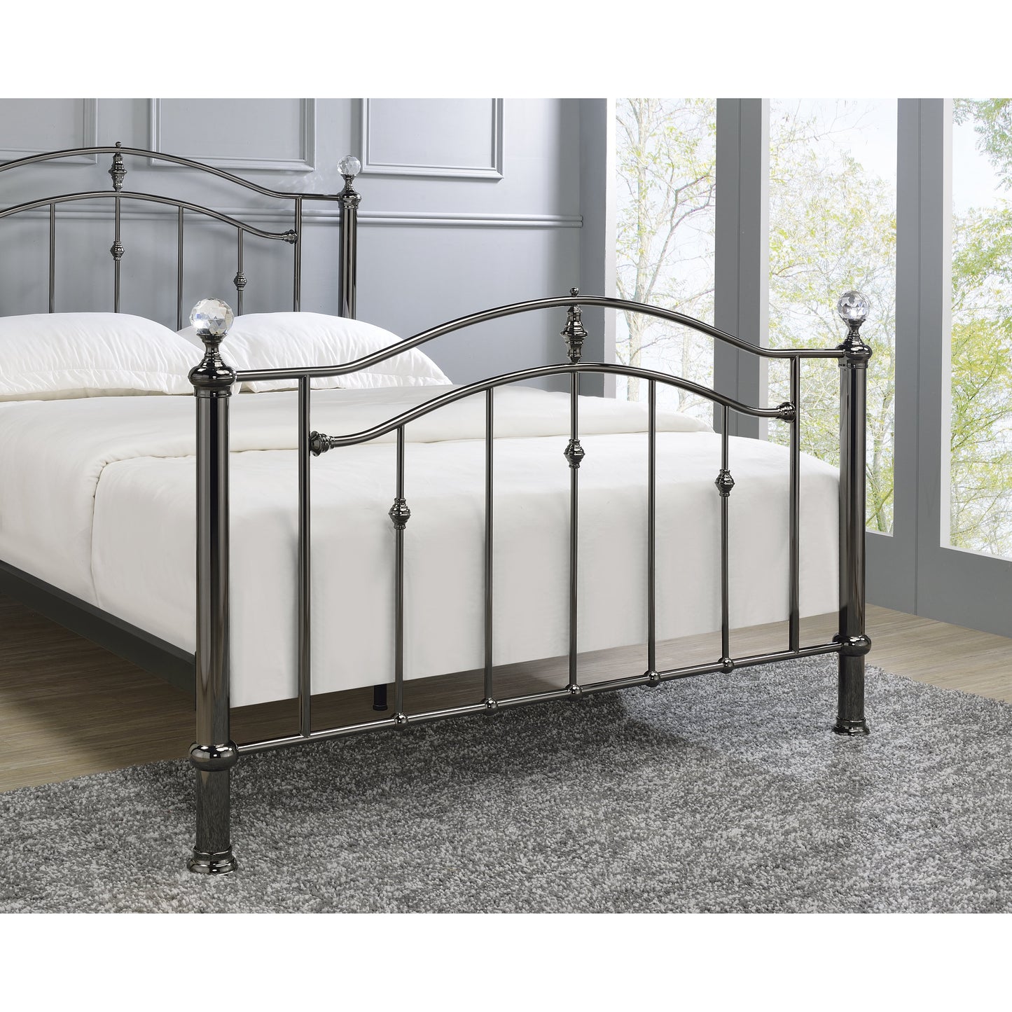 Mira Black Chrome with Crystal Finials Metal Bed Frame - FurniComp