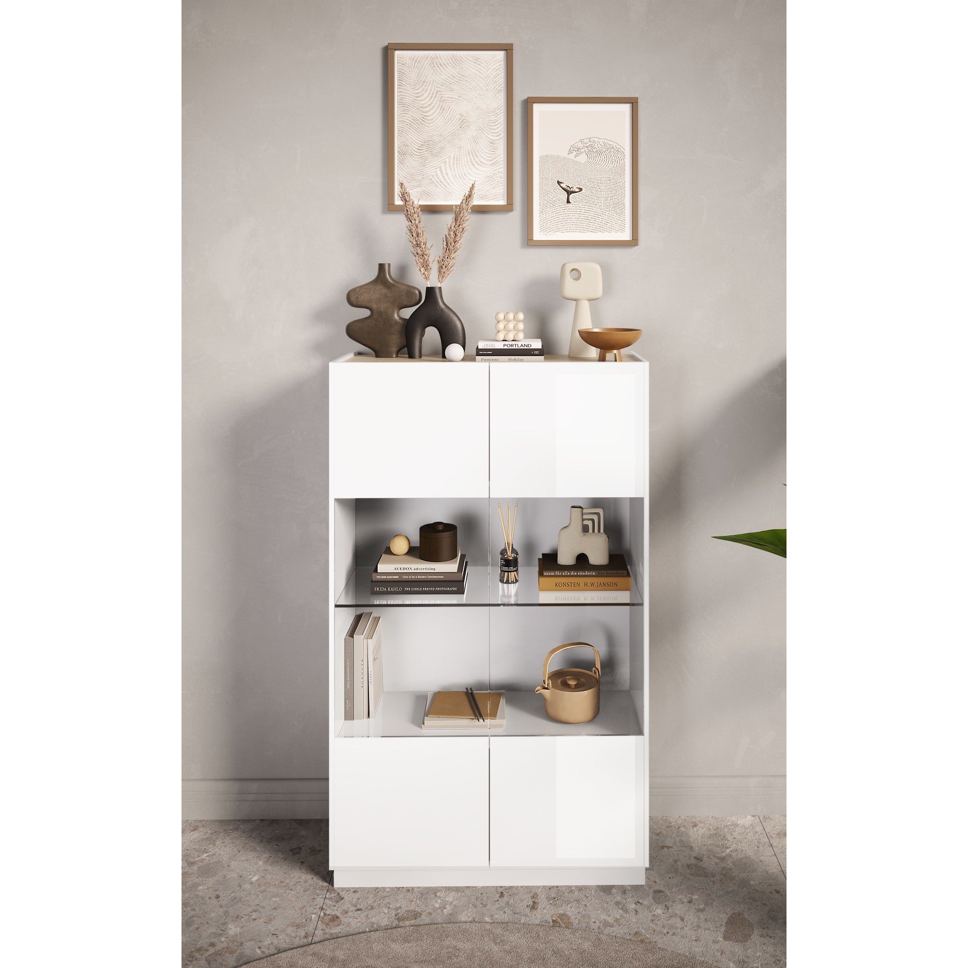 Chelsea 2 Door White Gloss and Cadiz Oak Glass Display Cabinet - FurniComp