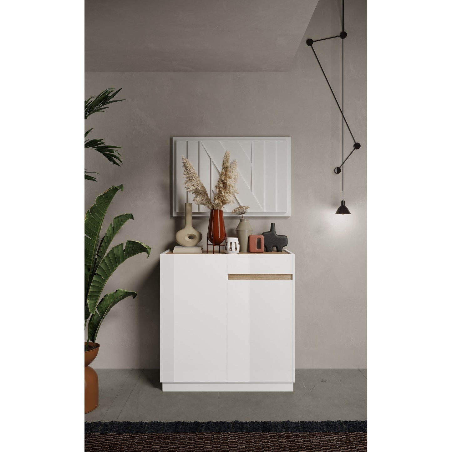 Chelsea 2 Door 1 Drawer Compact White Gloss and Cadiz Oak Sideboard - FurniComp