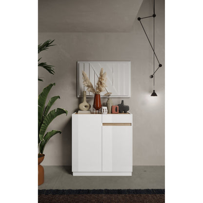 Chelsea 2 Door 1 Drawer Compact White Gloss and Cadiz Oak Sideboard - FurniComp