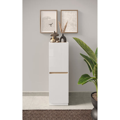 Chelsea 2 Door White Gloss and Cadiz Oak Tallboy Storage Cupboard - FurniComp