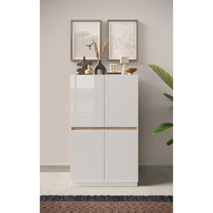 Chelsea 4 Door White Gloss and Cadiz Oak Tall Sideboard/Highboard - FurniComp