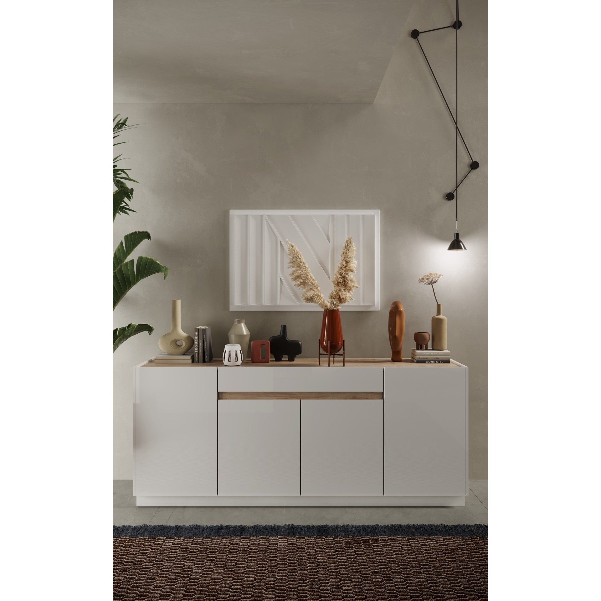 Chelsea 4 Door 1 Drawer White Gloss and Cadiz Oak Large Sideboard - FurniComp