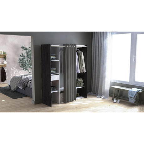Nelly 1 Drawer Open Wardrobe with Textile Curtain - Oak & Linen - FurniComp
