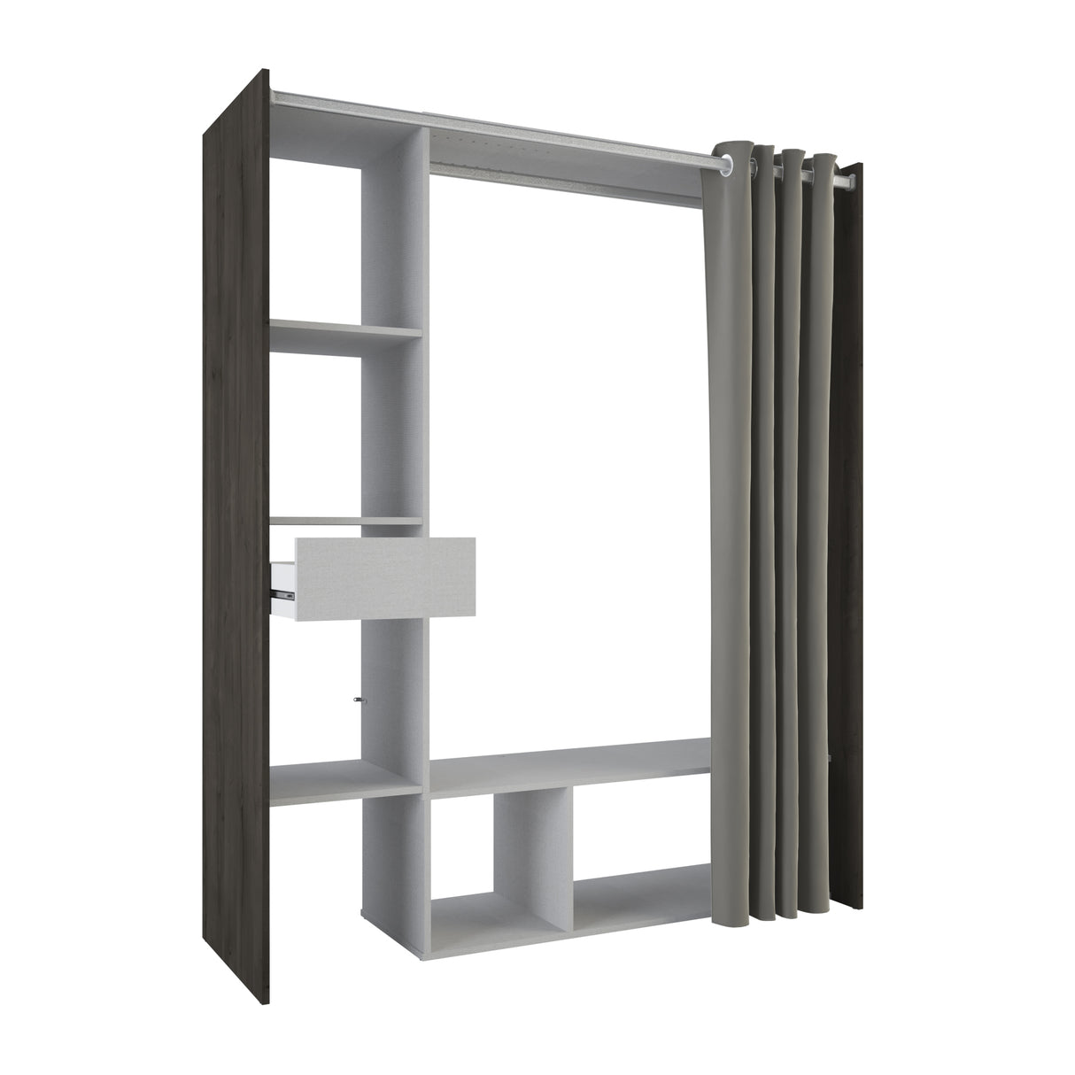 Nelly 1 Drawer Open Wardrobe with Textile Curtain - Oak & Linen - FurniComp
