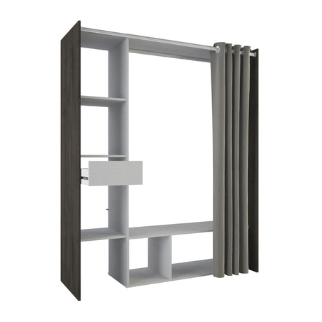 Nelly 1 Drawer Open Wardrobe with Textile Curtain - Oak & Linen - FurniComp