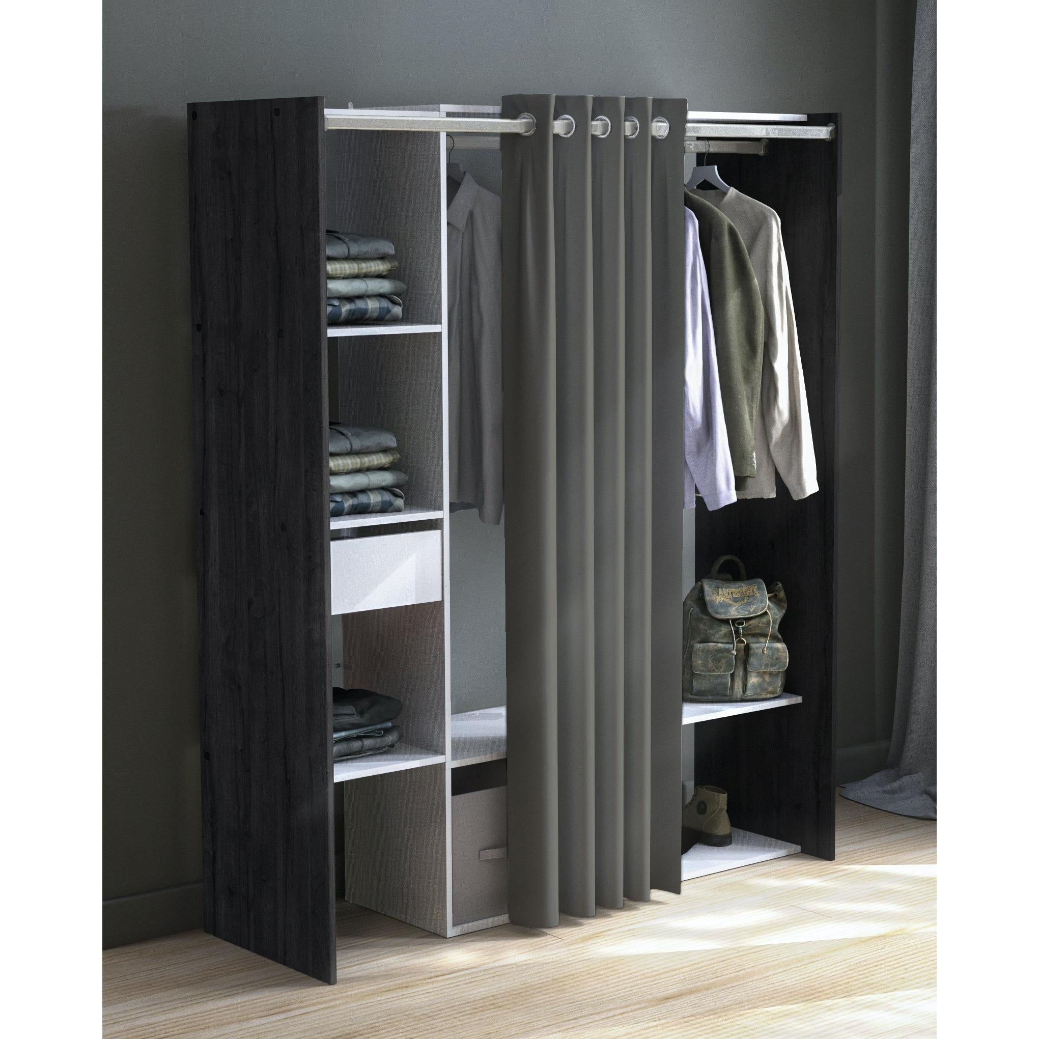 Nelly 1 Drawer Open Wardrobe with Textile Curtain - Oak & Linen - FurniComp