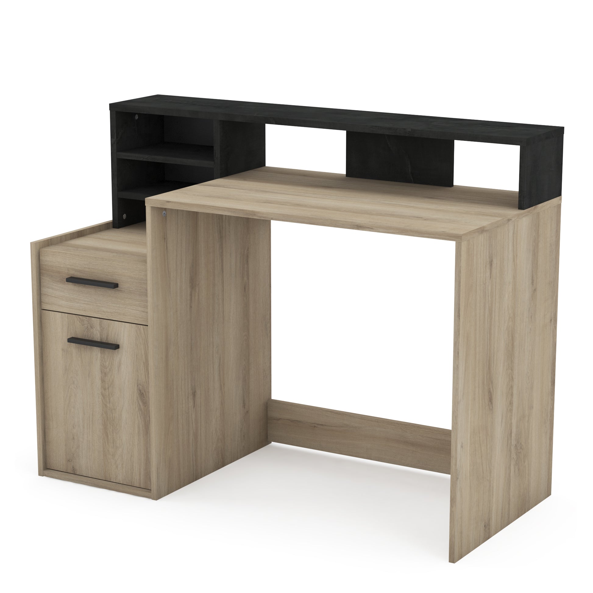 Nova Black and Oak Office Desk with Hutch and Drawers - FurniComp