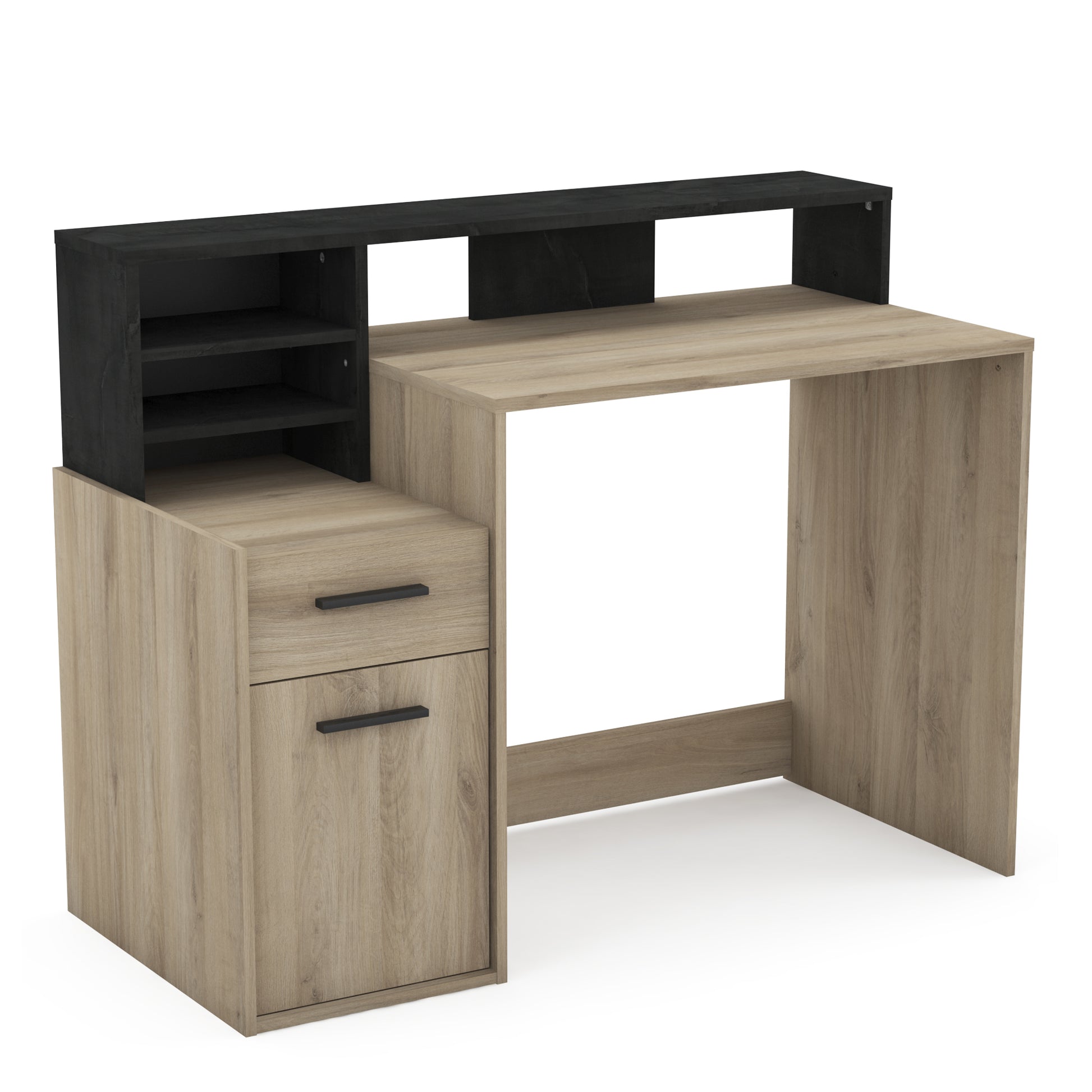 Nova Black and Oak Office Desk with Hutch and Drawers - FurniComp