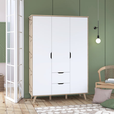 Oskar 3 Door 2 Drawer 140cm Wardrobe - Matt White & Oak - FurniComp