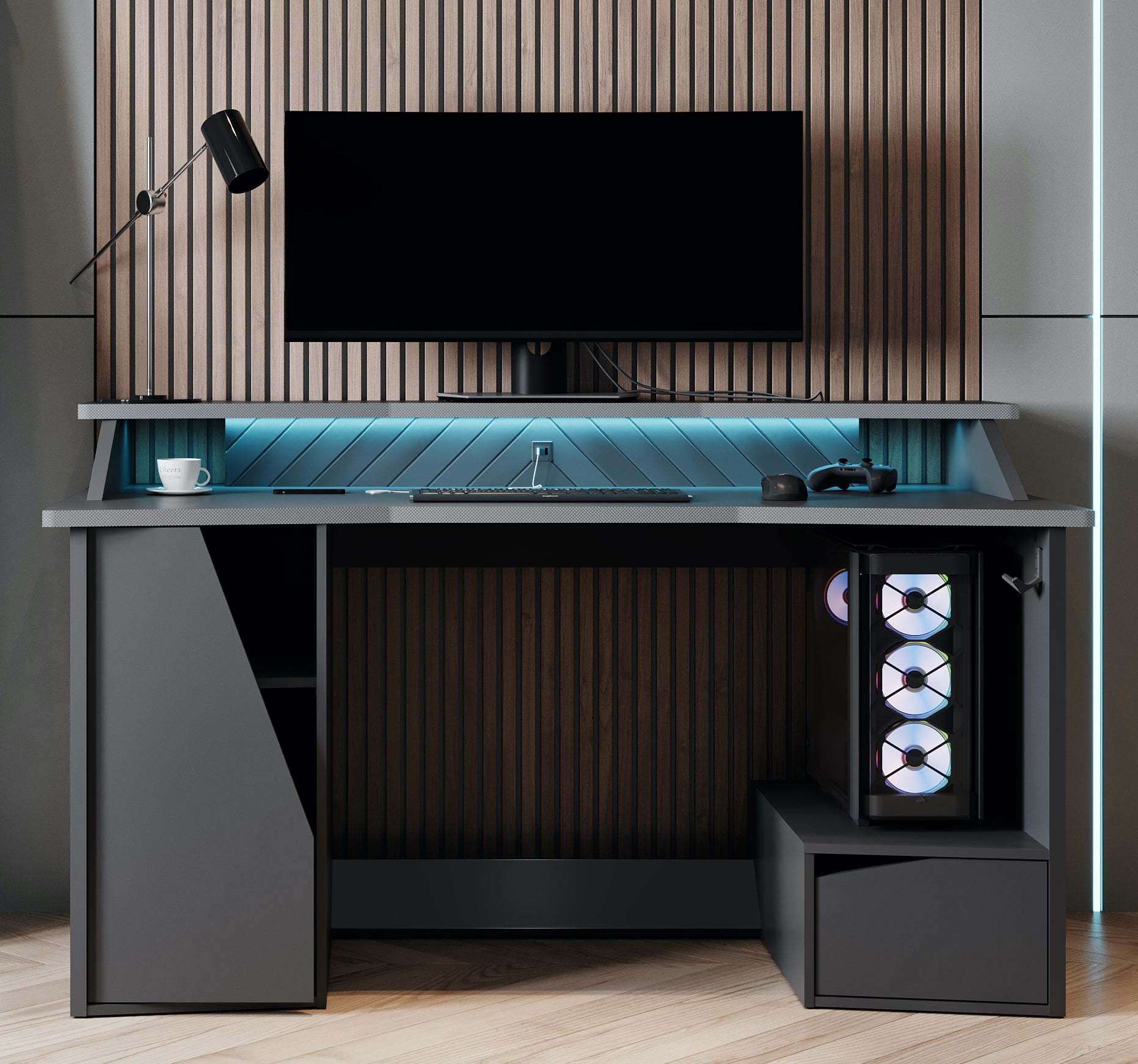 Oxford Matt Black Gaming Desk with Hutch and Storage - FurniComp