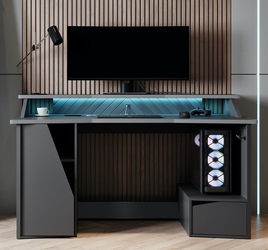 Oxford Matt Black Gaming Desk with Hutch and Storage - FurniComp