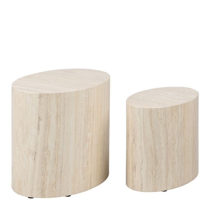Oxford Set of 2 Oval Side Tables - Travertine Stone - FurniComp