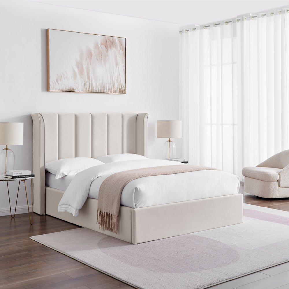 Zaneta Natural Velvet Storage Bed Frame