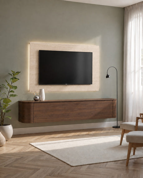 Palermo 180cm Curved Wall Mounted TV Unit with Flap Door - Dark Walnut/Espresso - FurniComp