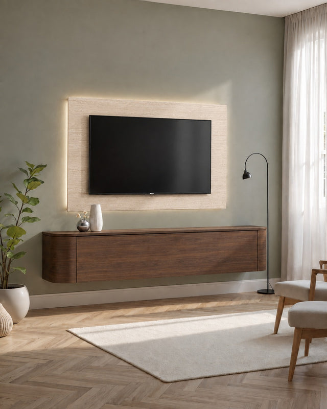 Palermo 180cm Curved Wall Mounted TV Unit with Flap Door - Dark Walnut/Espresso - FurniComp