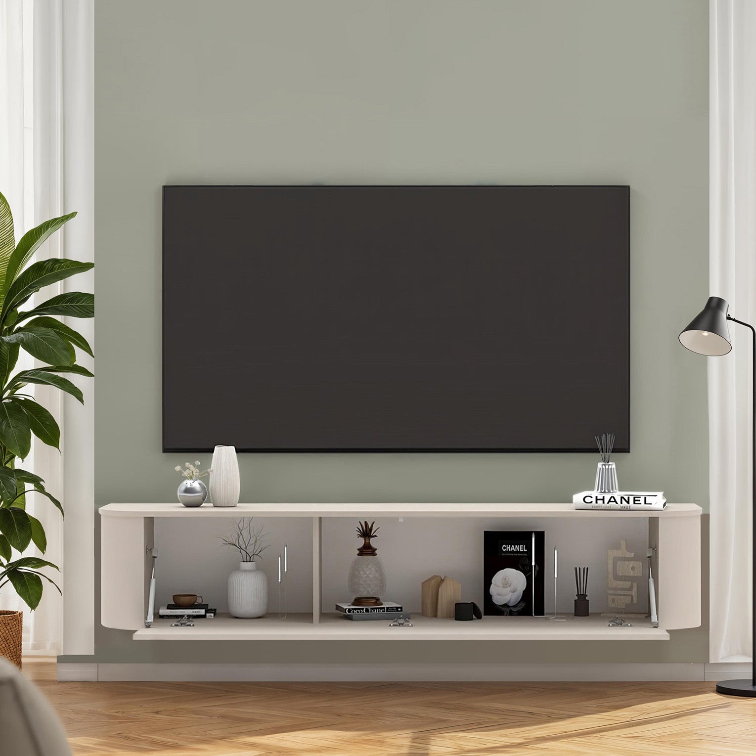 Palermo 180cm Curved Wall Mounted TV Unit with Flap Door
