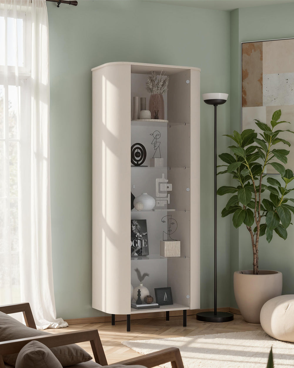 Palermo 80cm 1 Door Curved Tall Glass Display Cabinet - Cashmere - FurniComp